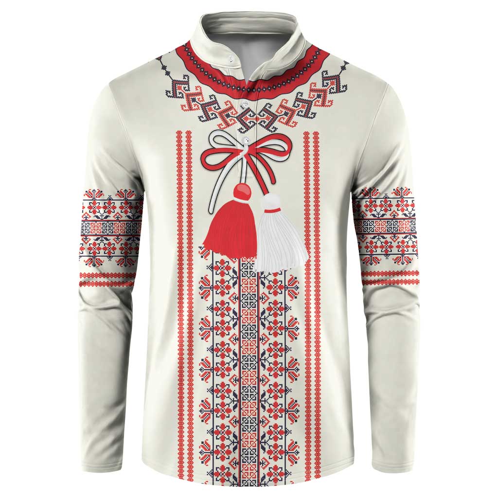 Beige long-sleeve sweatshirt with red, white, and blue folk pattern and bell-shaped figure print