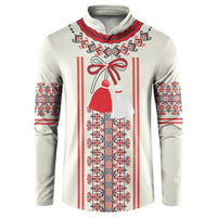 Beige long-sleeve sweatshirt with red, white, and blue folk pattern and bell-shaped figure print