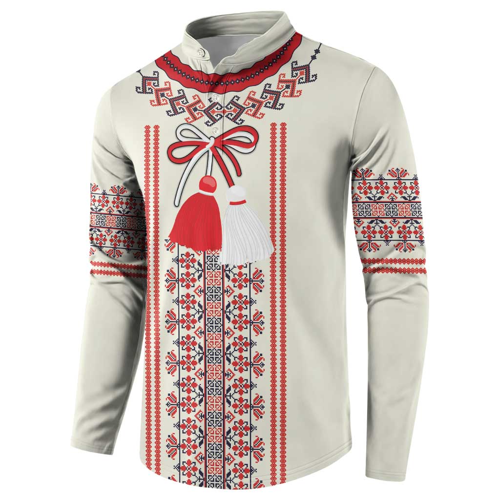 Beige long-sleeve sweatshirt with red, white, and blue folk motif panel and ribbon bow graphic