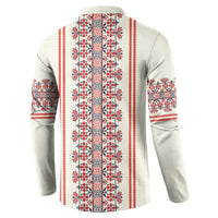 Beige long-sleeve sweatshirt back with red, white, and blue vertical folk stripe pattern and cuffs