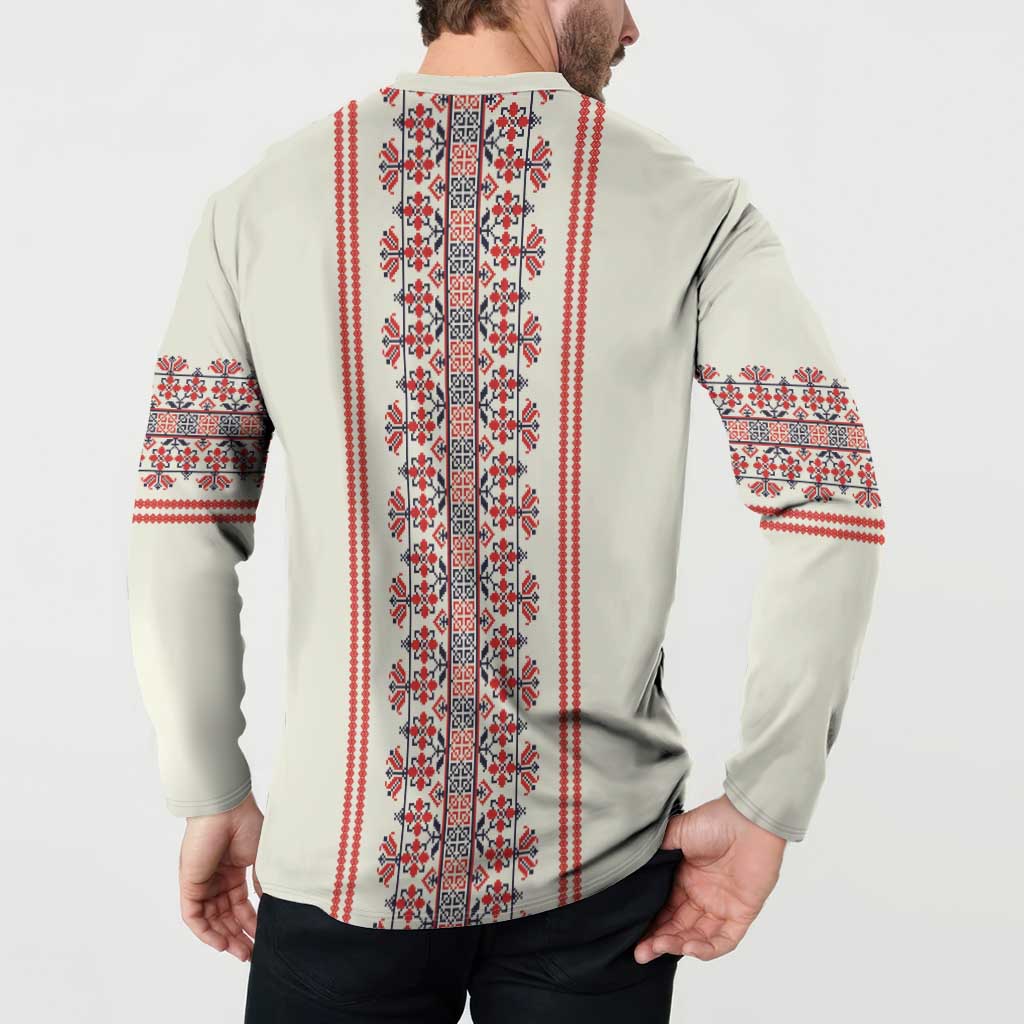 Beige long-sleeve sweatshirt back on model with red, white, and blue vertical folk stripe pattern