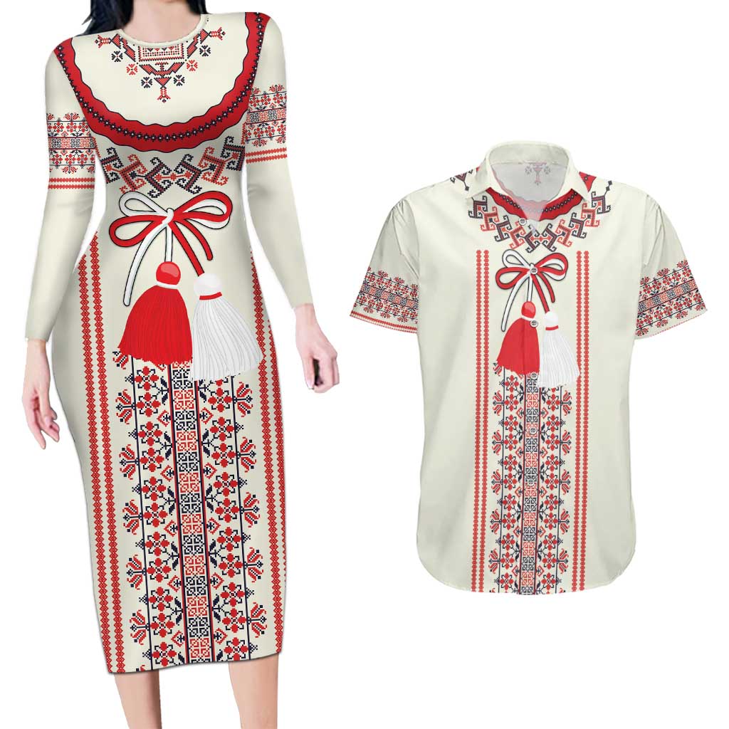 Happy Martisor Day Couples Matching Long Sleeve Bodycon Dress and Hawaiian Shirt Traditional Romanian Folklore Pattern