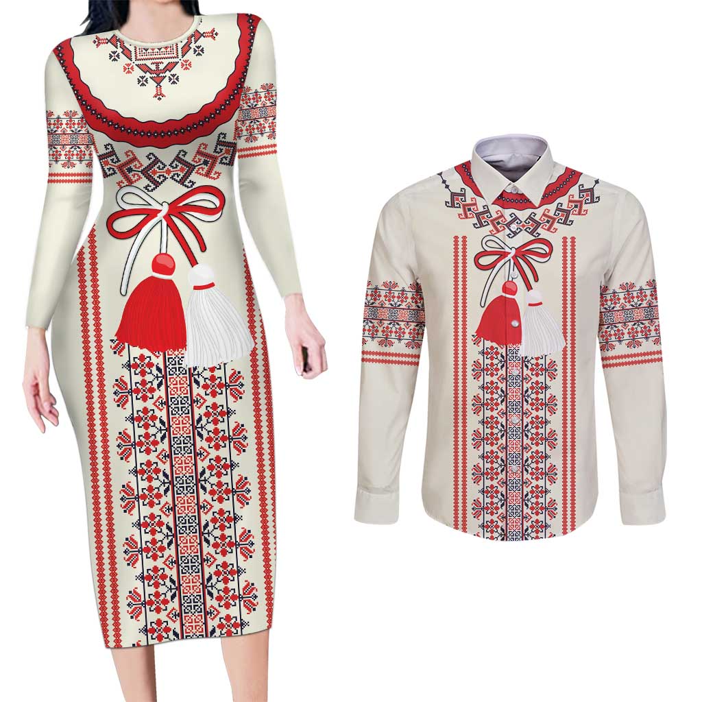 Happy Martisor Day Couples Matching Long Sleeve Bodycon Dress and Long Sleeve Button Shirt Traditional Romanian Folklore Pattern