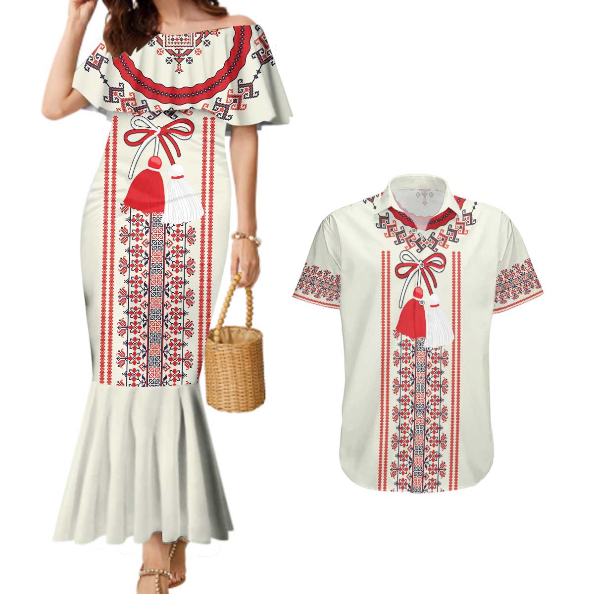 Happy Martisor Day Couples Matching Mermaid Dress and Hawaiian Shirt Traditional Romanian Folklore Pattern