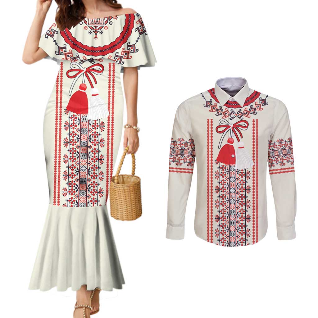 Happy Martisor Day Couples Matching Mermaid Dress and Long Sleeve Button Shirt Traditional Romanian Folklore Pattern