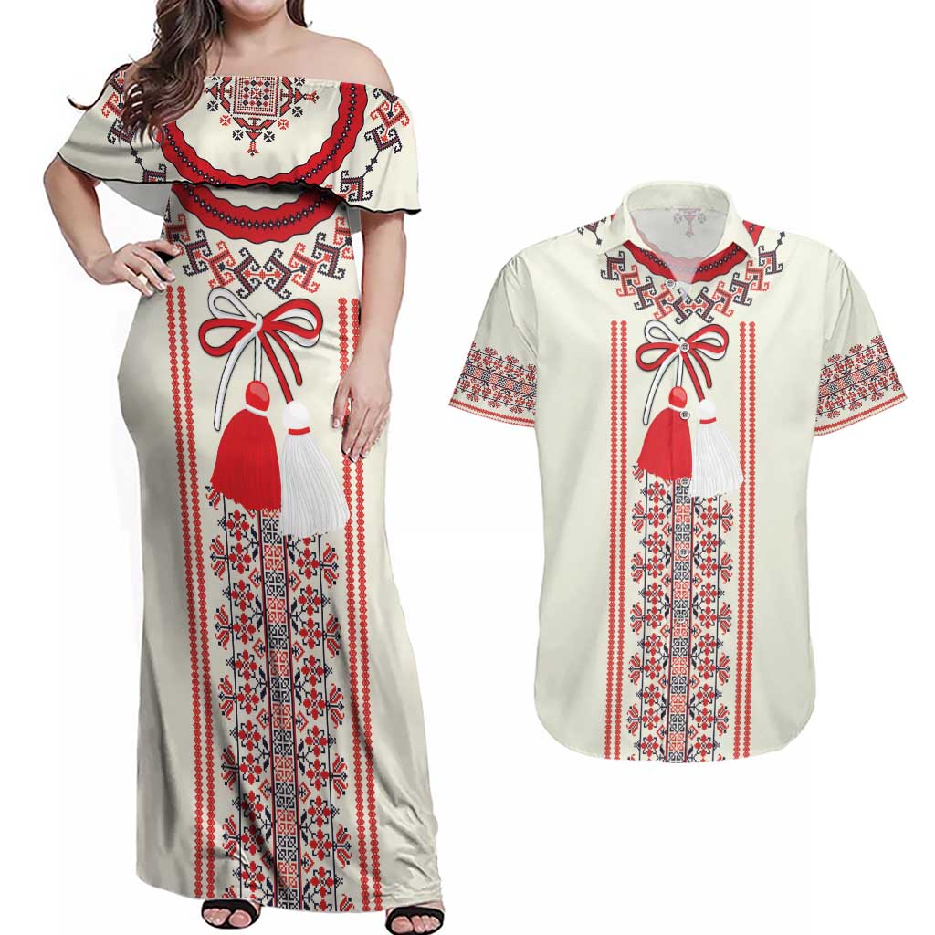 Happy Martisor Day Couples Matching Off Shoulder Maxi Dress and Hawaiian Shirt Traditional Romanian Folklore Pattern