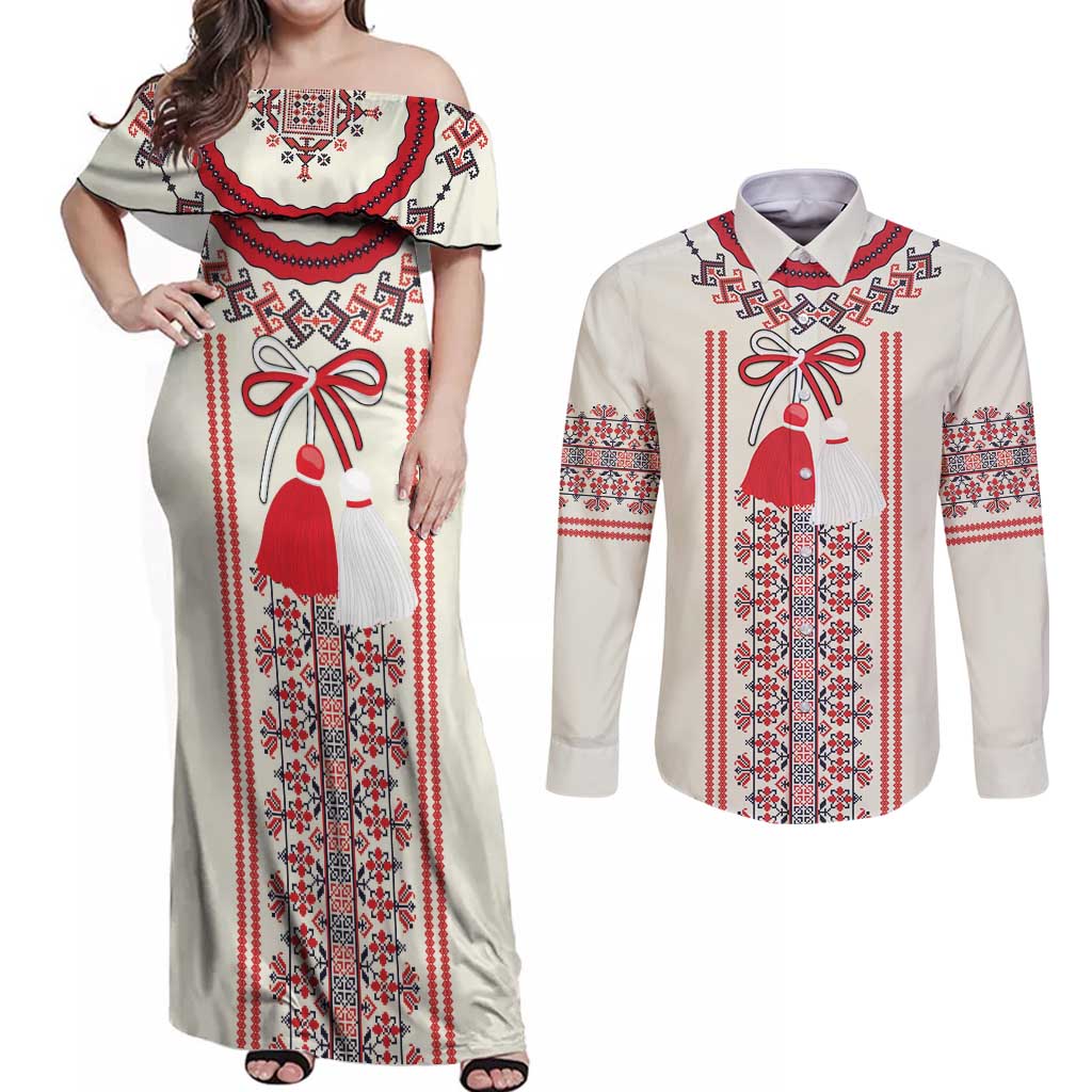 Happy Martisor Day Couples Matching Off Shoulder Maxi Dress and Long Sleeve Button Shirt Traditional Romanian Folklore Pattern