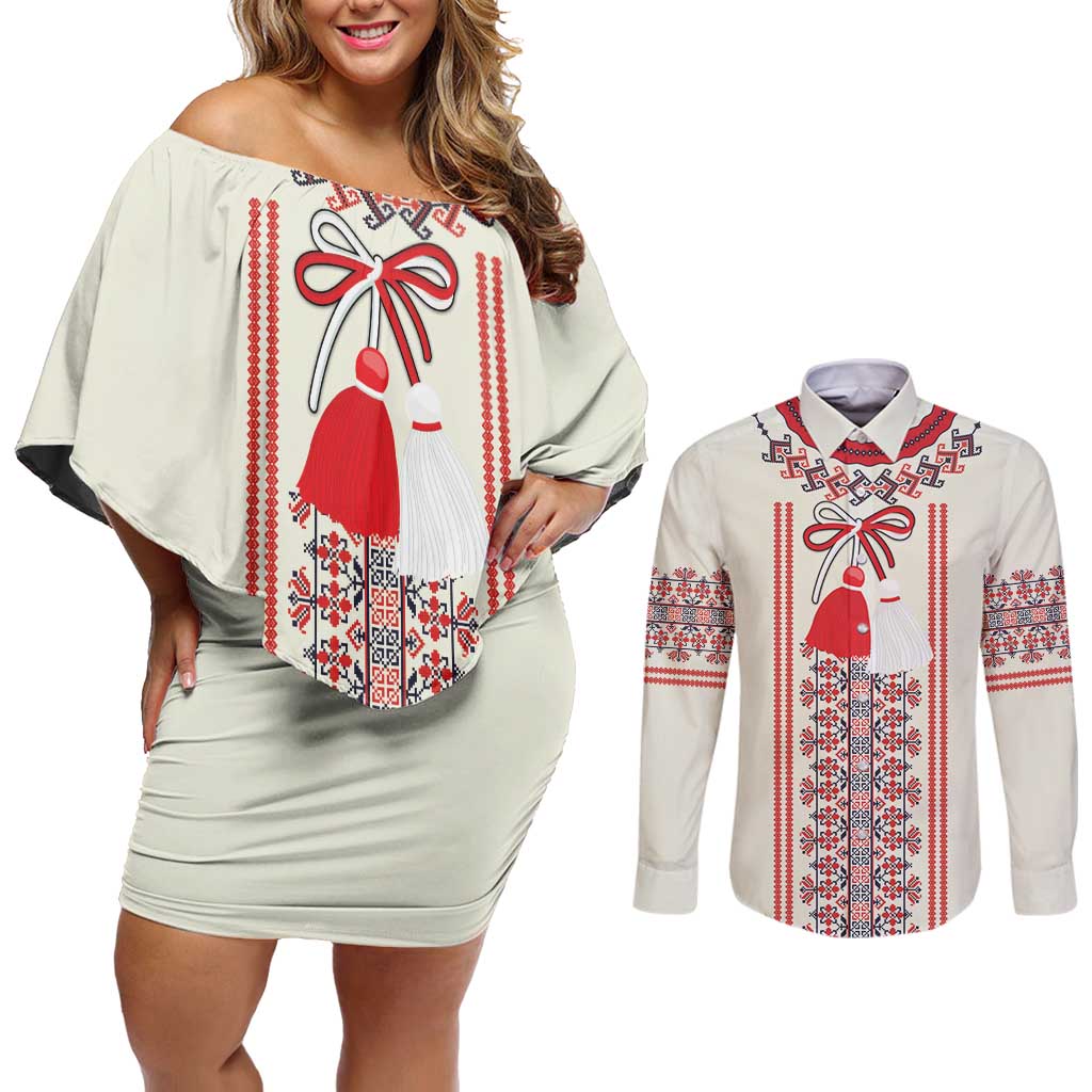 Happy Martisor Day Couples Matching Off Shoulder Short Dress and Long Sleeve Button Shirt Traditional Romanian Folklore Pattern