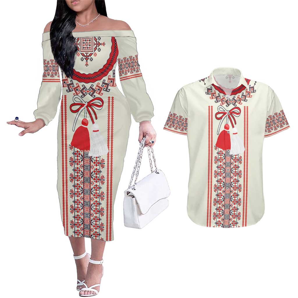 Happy Martisor Day Couples Matching Off The Shoulder Long Sleeve Dress and Hawaiian Shirt Traditional Romanian Folklore Pattern