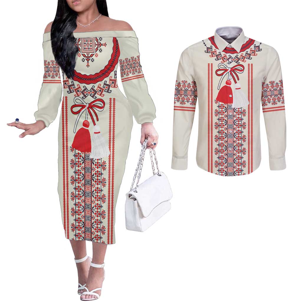 Happy Martisor Day Couples Matching Off The Shoulder Long Sleeve Dress and Long Sleeve Button Shirt Traditional Romanian Folklore Pattern