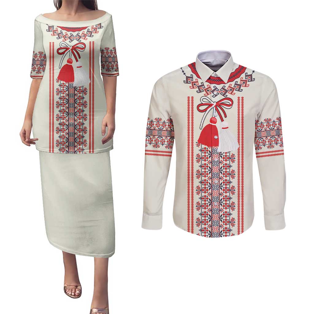 Happy Martisor Day Couples Matching Puletasi and Long Sleeve Button Shirt Traditional Romanian Folklore Pattern