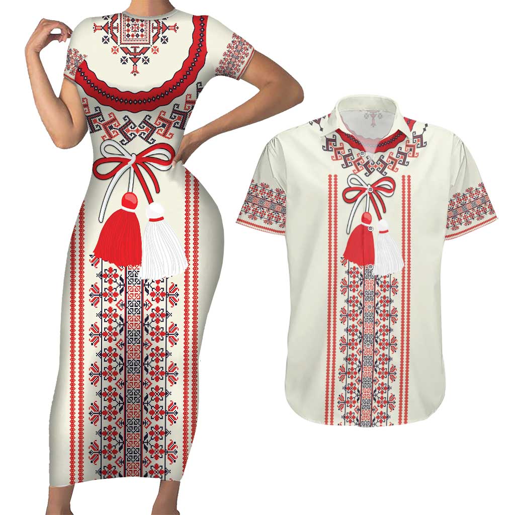 Happy Martisor Day Couples Matching Short Sleeve Bodycon Dress and Hawaiian Shirt Traditional Romanian Folklore Pattern