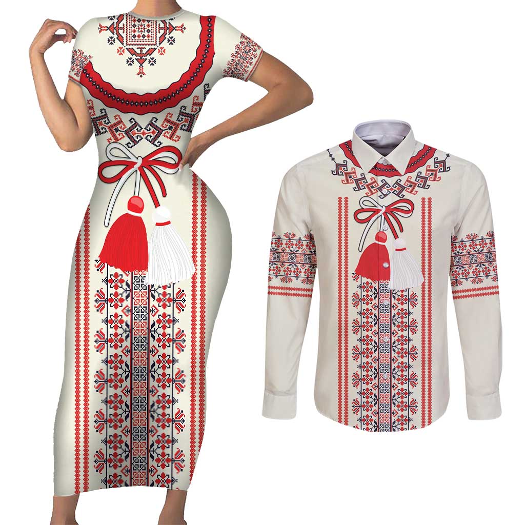 Happy Martisor Day Couples Matching Short Sleeve Bodycon Dress and Long Sleeve Button Shirt Traditional Romanian Folklore Pattern