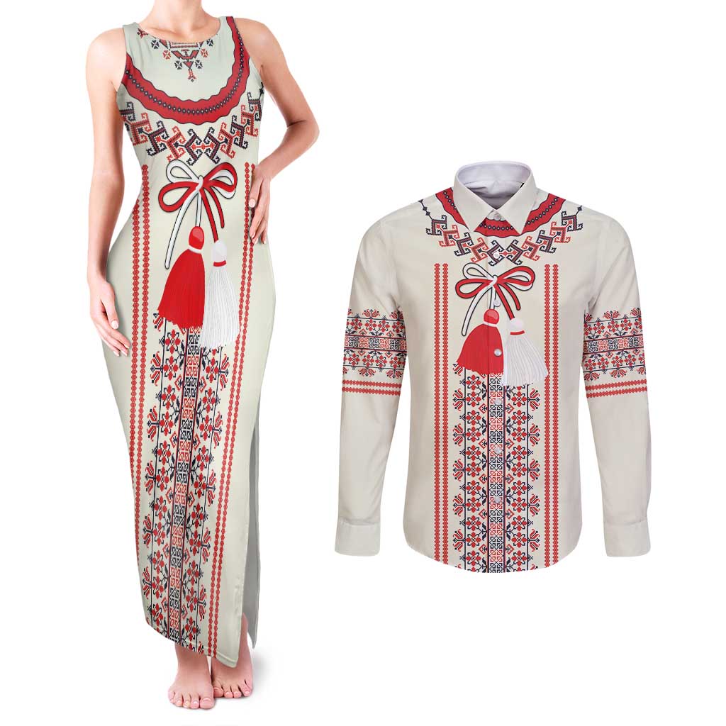 Happy Martisor Day Couples Matching Tank Maxi Dress and Long Sleeve Button Shirt Traditional Romanian Folklore Pattern