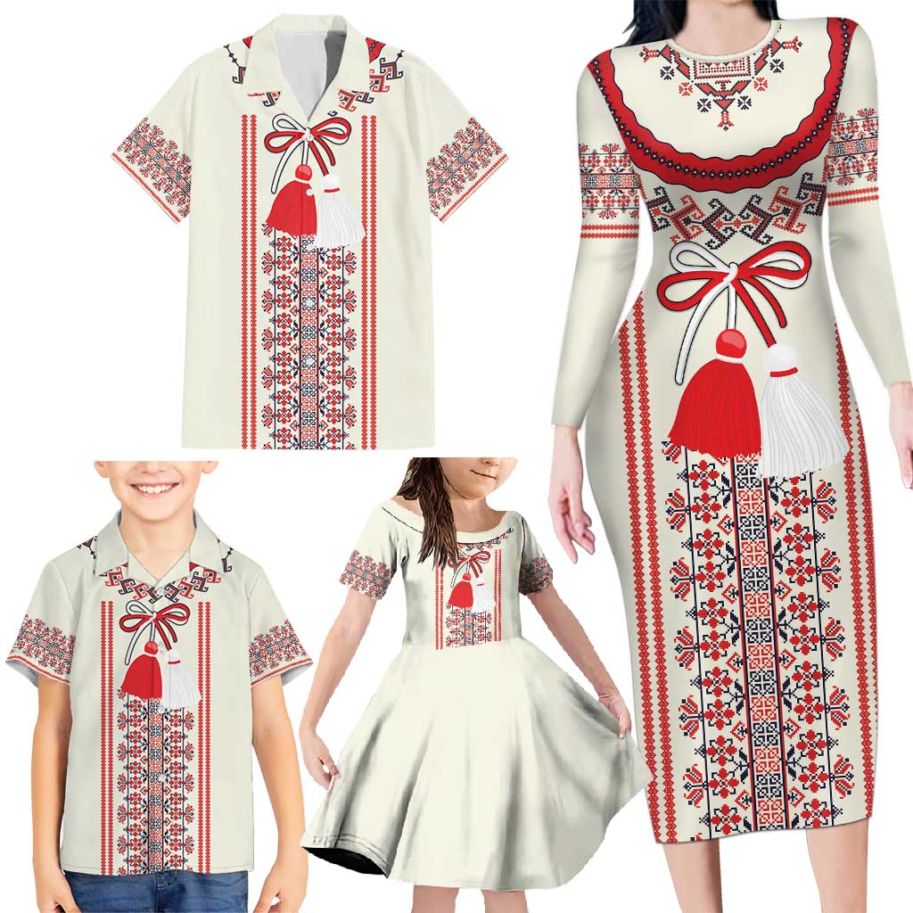 Happy Martisor Day Family Matching Long Sleeve Bodycon Dress and Hawaiian Shirt Traditional Romanian Folklore Pattern