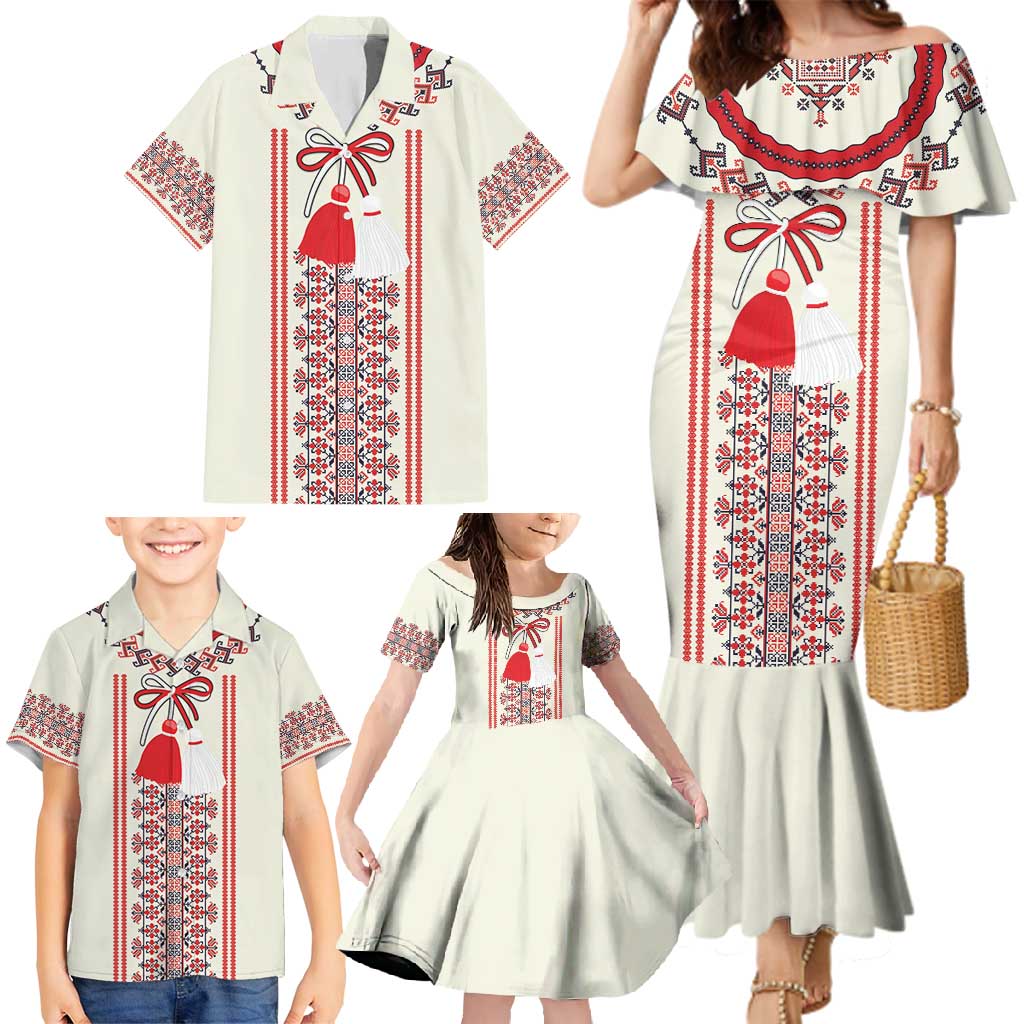 Happy Martisor Day Family Matching Mermaid Dress and Hawaiian Shirt Traditional Romanian Folklore Pattern