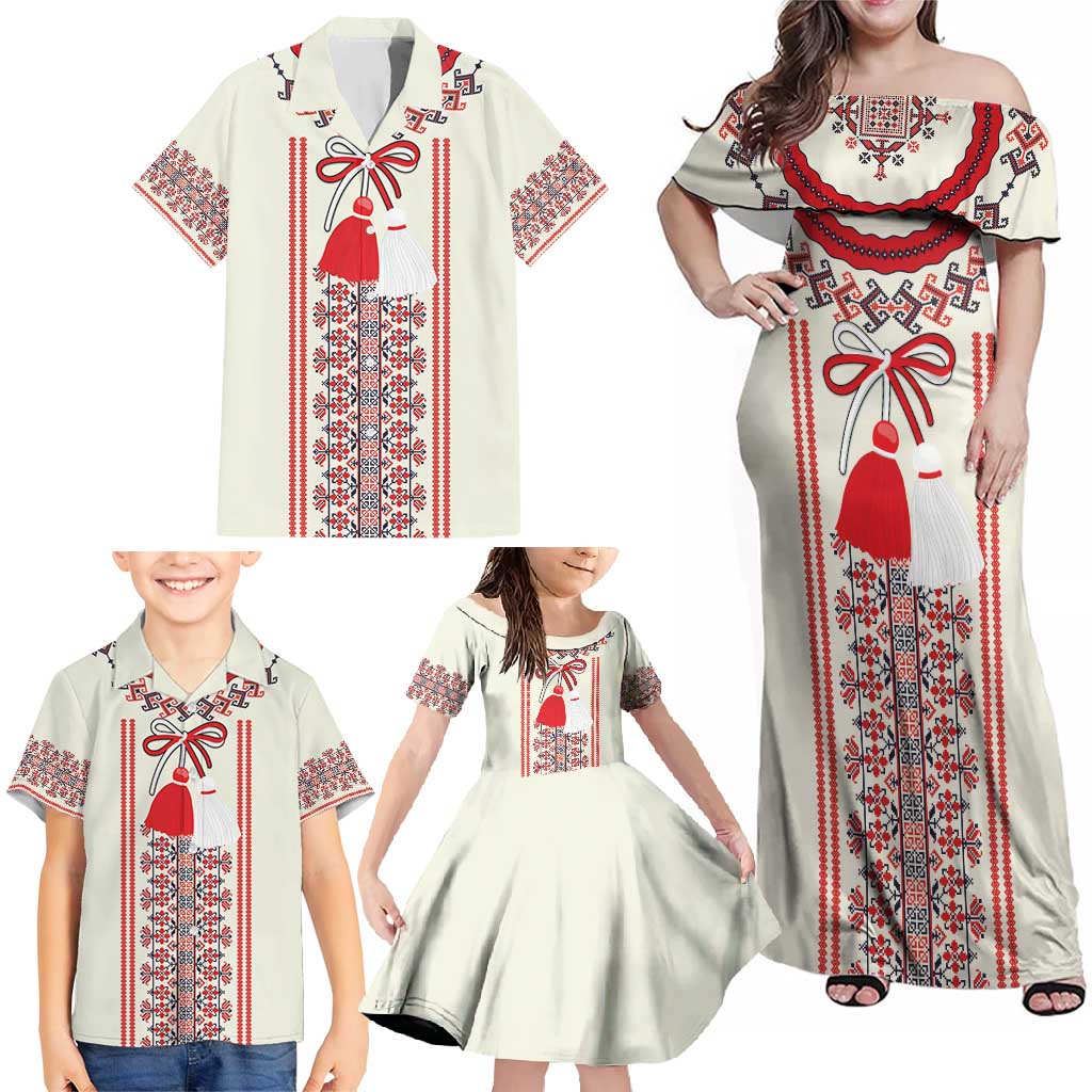 Happy Martisor Day Family Matching Off Shoulder Maxi Dress and Hawaiian Shirt Traditional Romanian Folklore Pattern