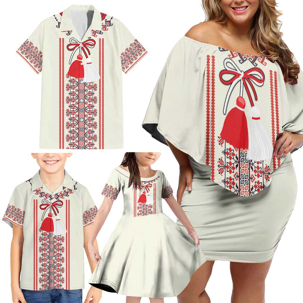 Happy Martisor Day Family Matching Off Shoulder Short Dress and Hawaiian Shirt Traditional Romanian Folklore Pattern