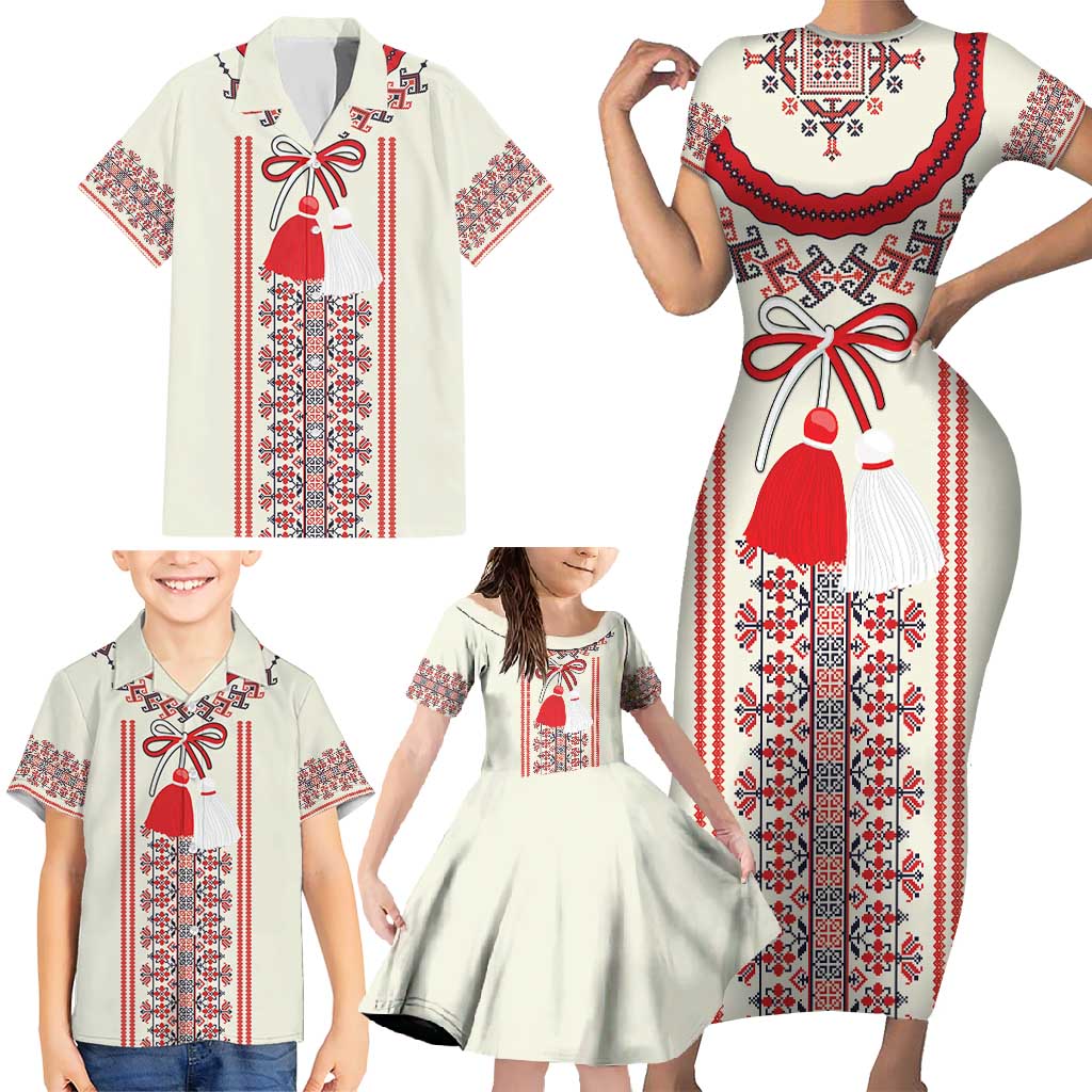 Happy Martisor Day Family Matching Short Sleeve Bodycon Dress and Hawaiian Shirt Traditional Romanian Folklore Pattern