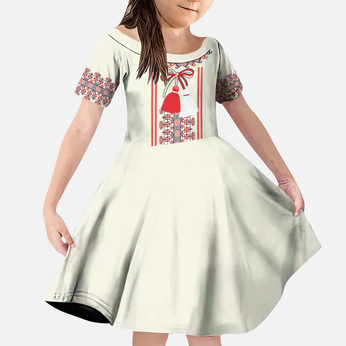 Happy Martisor Day Kid Short Sleeve Dress Traditional Romanian Folklore Pattern