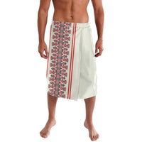 Cream mini skirt with vertical red and blue folk embroidery stripe panel, elastic waistband.