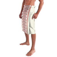 Cream skirt with vertical red and blue embroidered folk stripe across front, side view.