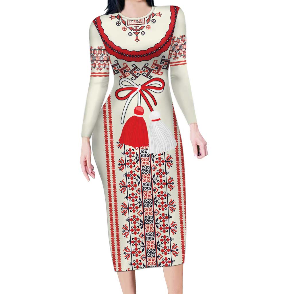 Happy Martisor Day Long Sleeve Bodycon Dress Traditional Romanian Folklore Pattern