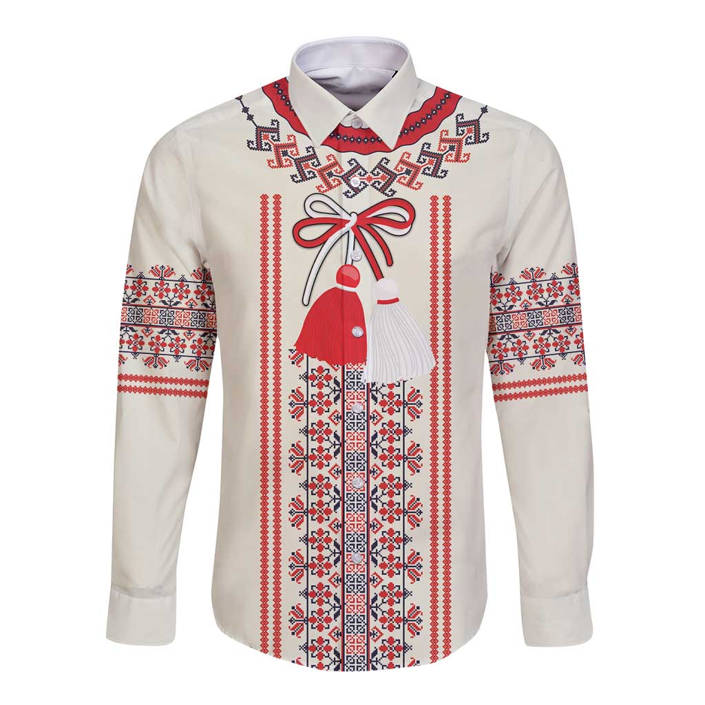 Happy Martisor Day Long Sleeve Button Shirt Traditional Romanian Folklore Pattern