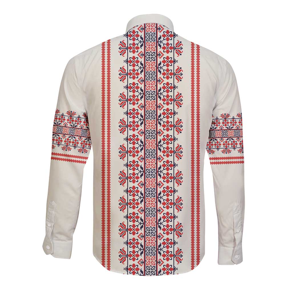 Back view beige long-sleeve button shirt with vertical red and blue folk striping
