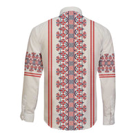 Back view beige long-sleeve button shirt with vertical red and blue folk striping