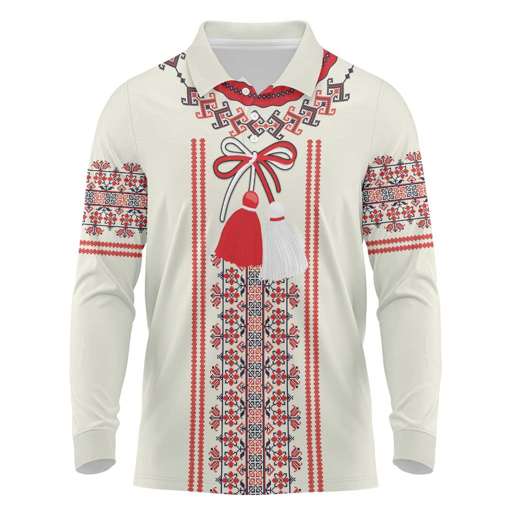 Happy Martisor Day Long Sleeve Polo Shirt Traditional Romanian Folklore Pattern