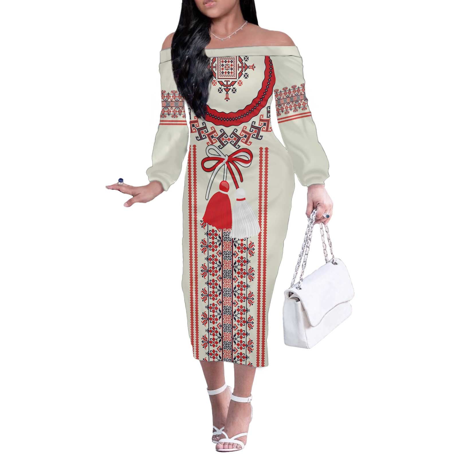 Happy Martisor Day Off The Shoulder Long Sleeve Dress Traditional Romanian Folklore Pattern