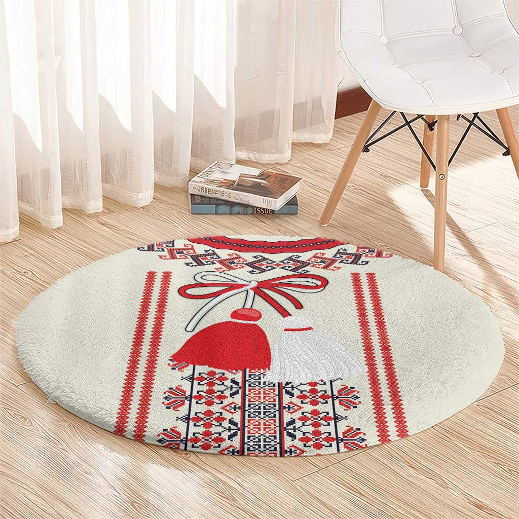 Beige round carpet with central costumed girl, red border stripes, and folk blocks