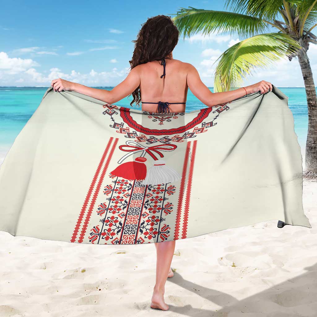 Beige sarong with red and black Romanian folk stripe and dress motif, wide wrap