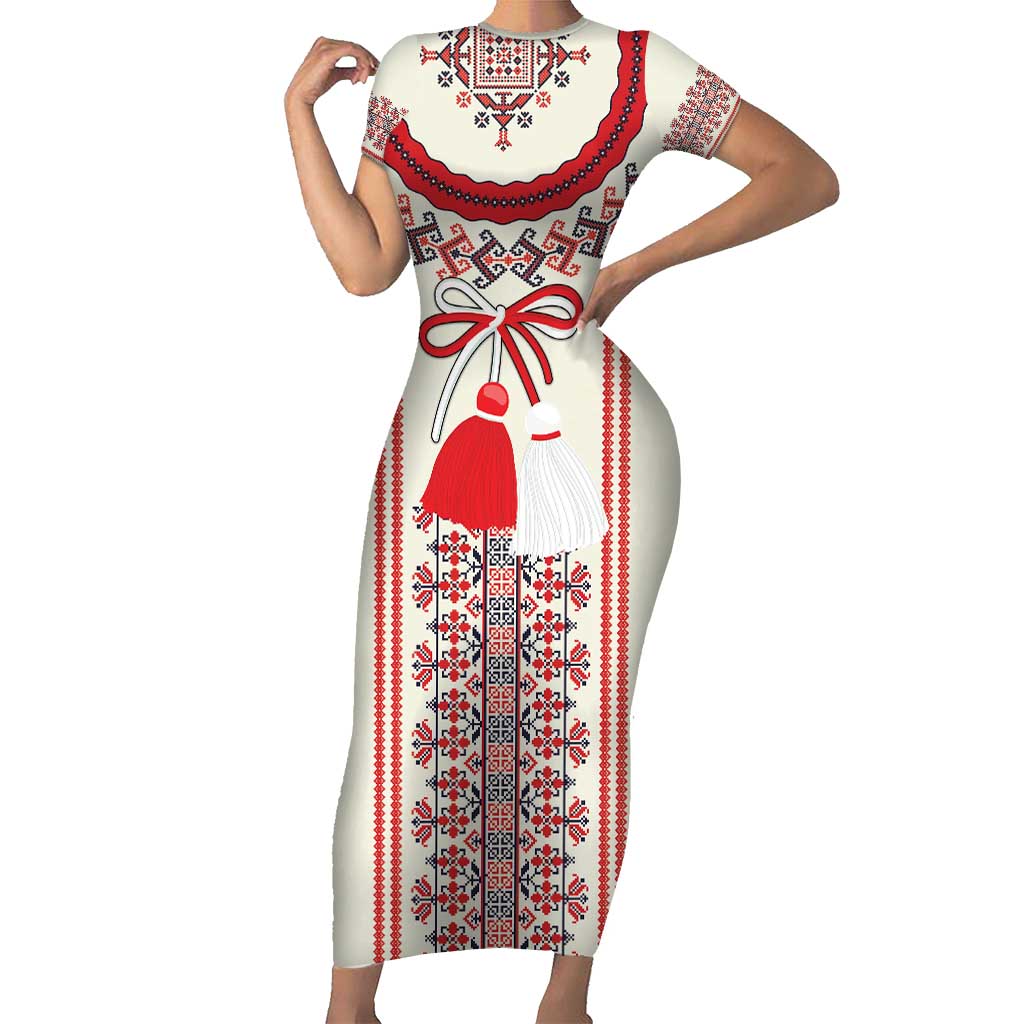 Happy Martisor Day Short Sleeve Bodycon Dress Traditional Romanian Folklore Pattern - Wonder Print Shop