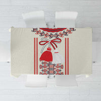 Beige traditional Romanian tablecloth with red bow and border folk pattern