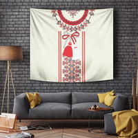 Beige Romanian folklore wall tapestry with red border, bell ornament and dress pattern