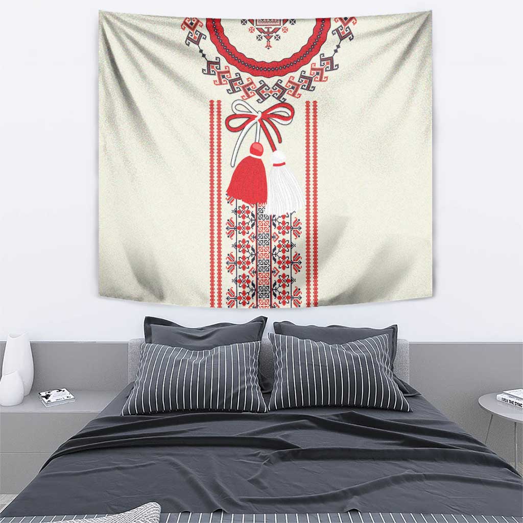 Beige Romanian tapestry with red folk dress and bow, vertical geometric bands
