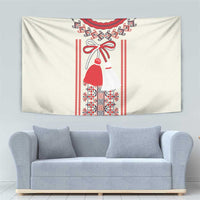 Beige Romanian folklore tapestry with red bell ornament and vertical embroidered-style stripes