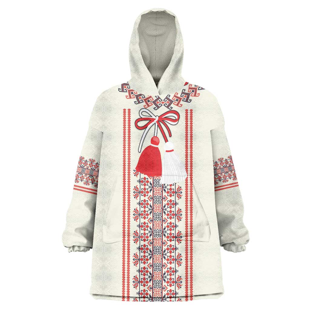 Happy Martisor Day Wearable Blanket Hoodie Traditional Romanian Folklore Pattern