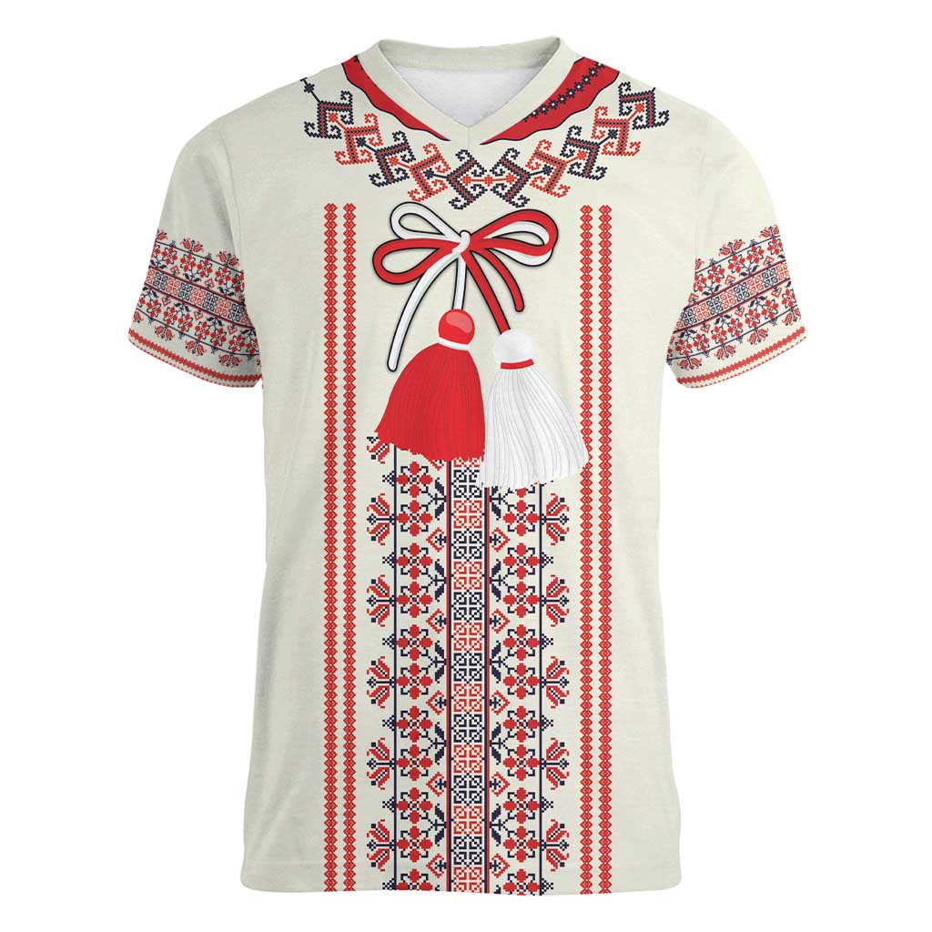 Happy Martisor Day Women V-Neck T-Shirt Traditional Romanian Folklore Pattern - Wonder Print Shop