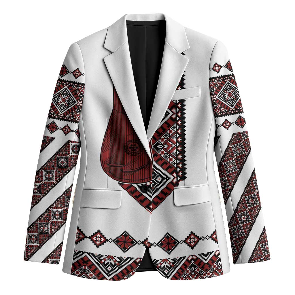 Ukraine Bandura Vyshyvanka Pattern Blazer Ukrainian Heritage Folk White Version - Wonder Print Shop