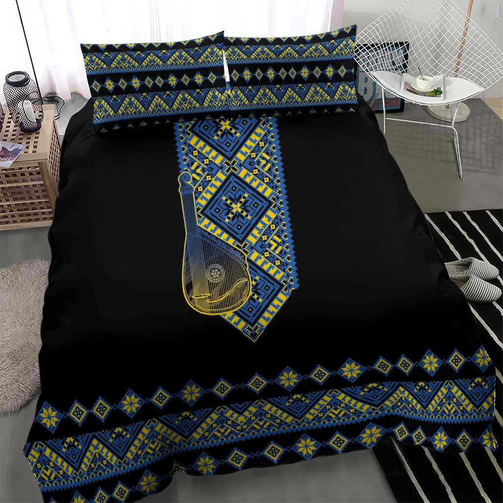 Ukraine Bandura Vyshyvanka Pattern Bedding Set Ukrainian Heritage Folk Black Version - Wonder Print Shop