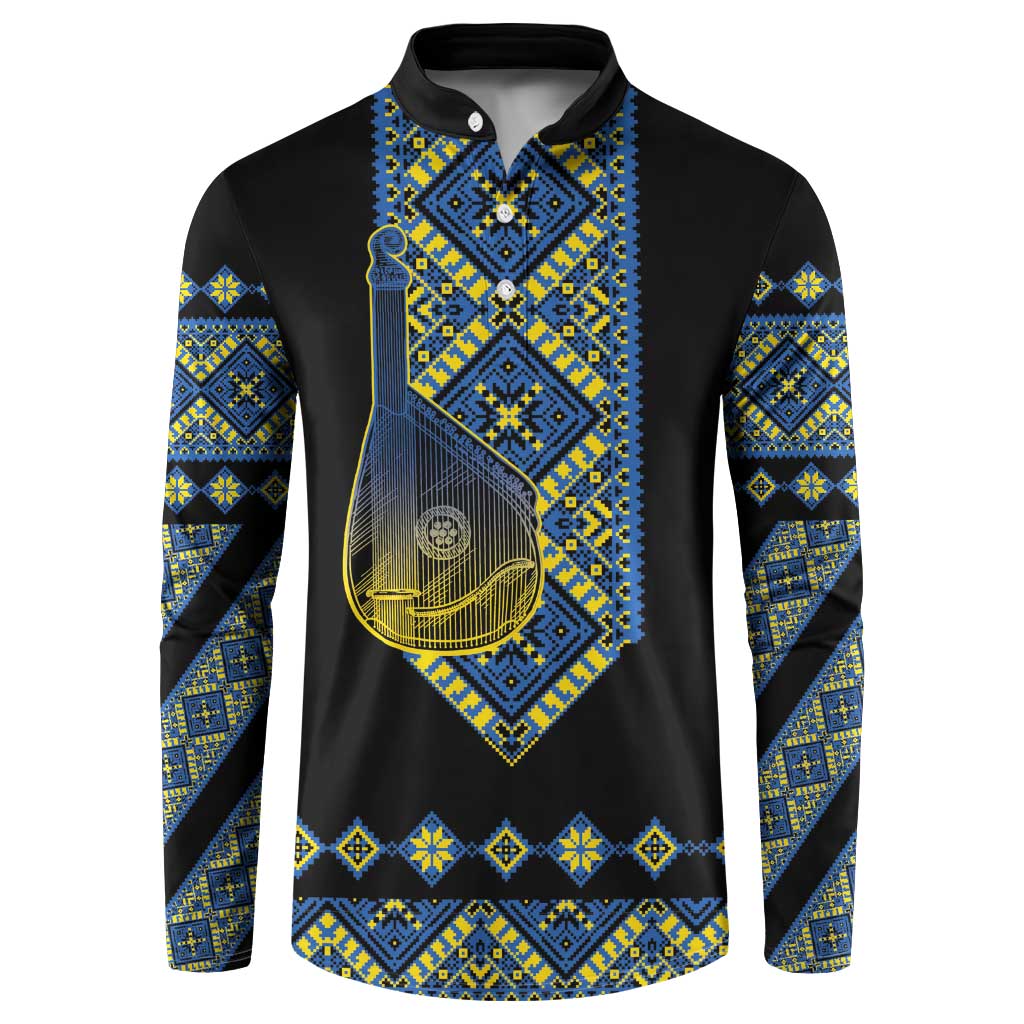 Ukraine Bandura Vyshyvanka Pattern Button Sweatshirt Ukrainian Heritage Folk Black Version - Wonder Print Shop