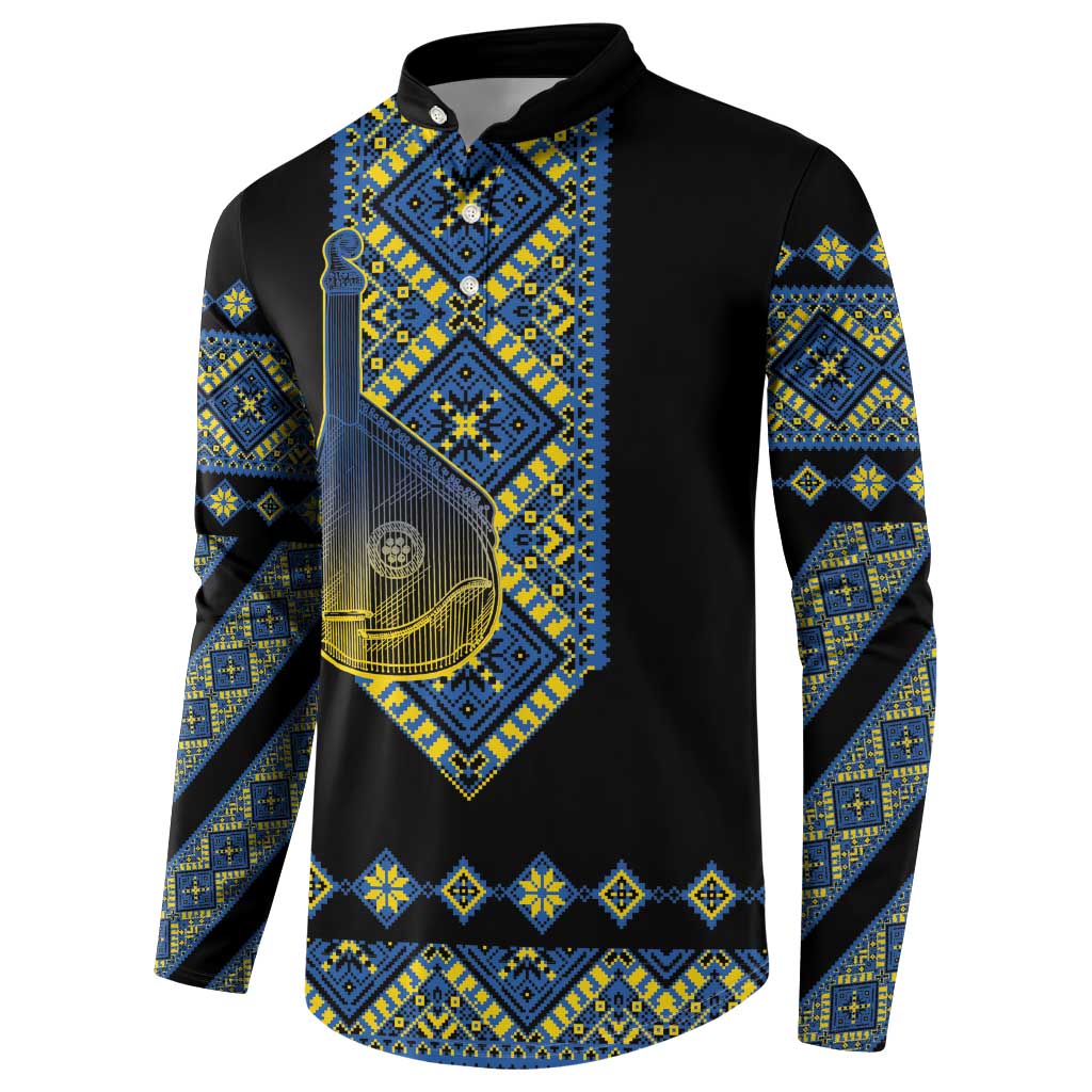 Ukraine Bandura Vyshyvanka Pattern Button Sweatshirt Ukrainian Heritage Folk Black Version - Wonder Print Shop