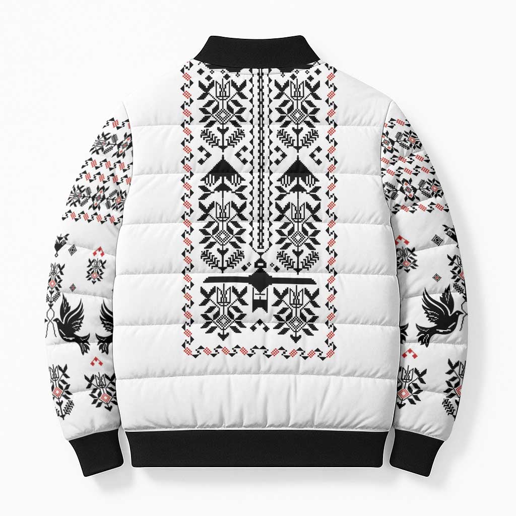 Ukraine Military Vyshyvanka Pattern Bomber Puffer Jacket Ukrainian Heritage White Tactical Style - Wonder Print Shop