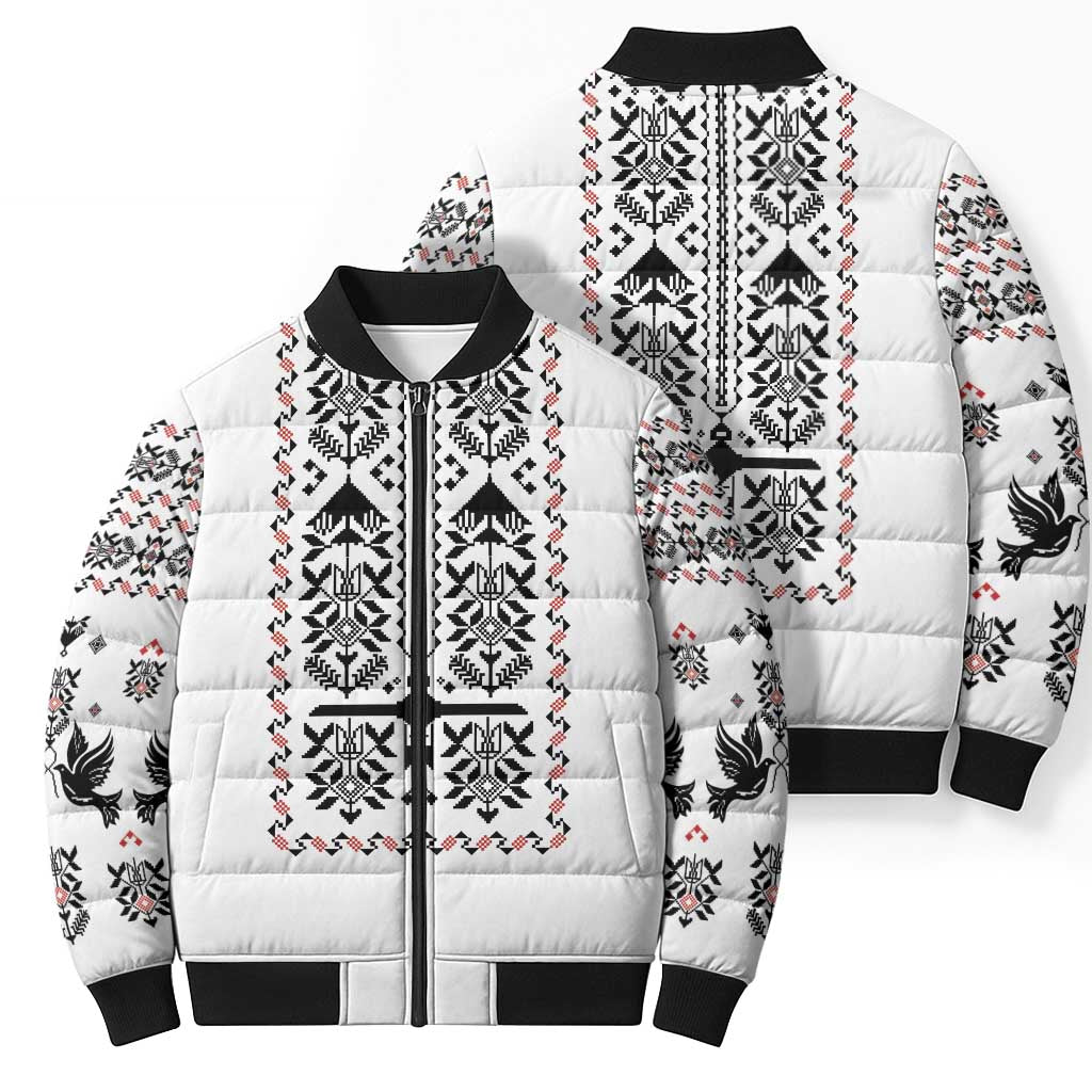 Ukraine Military Vyshyvanka Pattern Bomber Puffer Jacket Ukrainian Heritage White Tactical Style - Wonder Print Shop