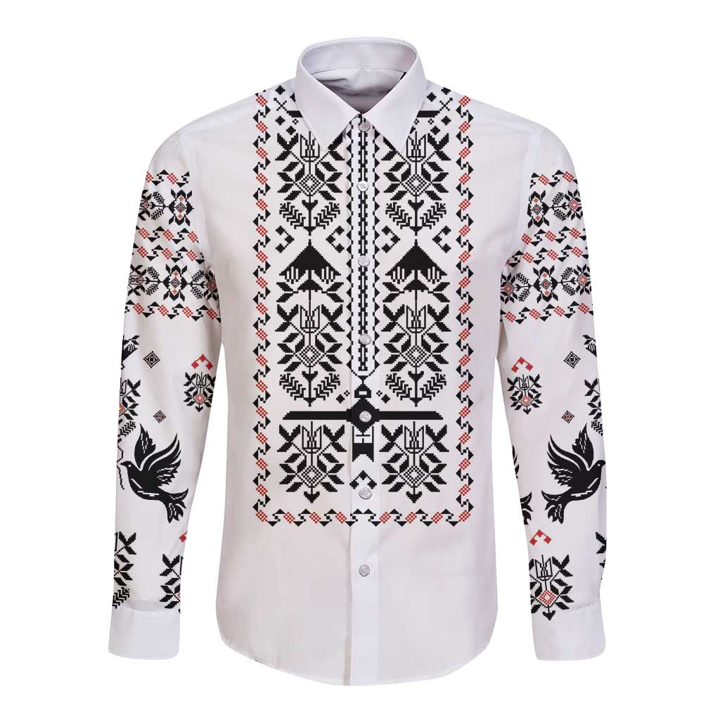 Ukraine Military Vyshyvanka Pattern Long Sleeve Button Shirt Ukrainian Heritage White Tactical Style - Wonder Print Shop