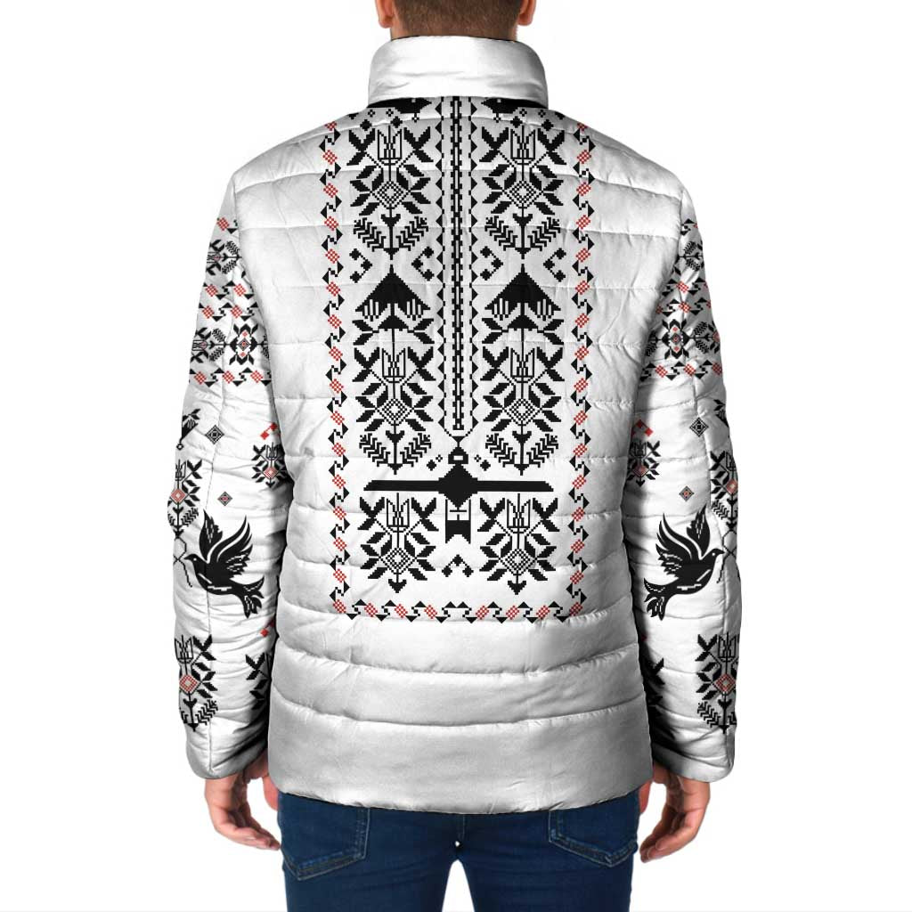 Ukraine Military Vyshyvanka Pattern Padded Jacket Ukrainian Heritage White Tactical Style - Wonder Print Shop