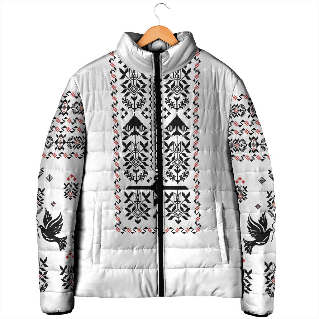 Ukraine Military Vyshyvanka Pattern Padded Jacket Ukrainian Heritage White Tactical Style - Wonder Print Shop